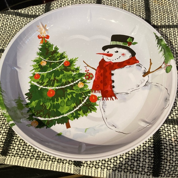 Folk Hand painted napkin holder snowman, ornaments, towels, plate. Curtain ties - Picture 3 of 13
